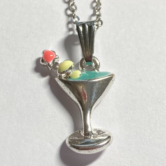 Martini Cocktail Drink Cup Glass Charm Necklace Pendant Aqua Enamel 18" Chain - Picture 2 of 9